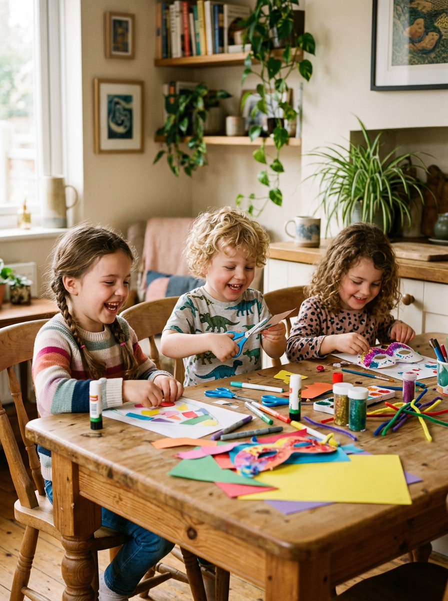 Three children doing arts and crafts together at a kitchen table