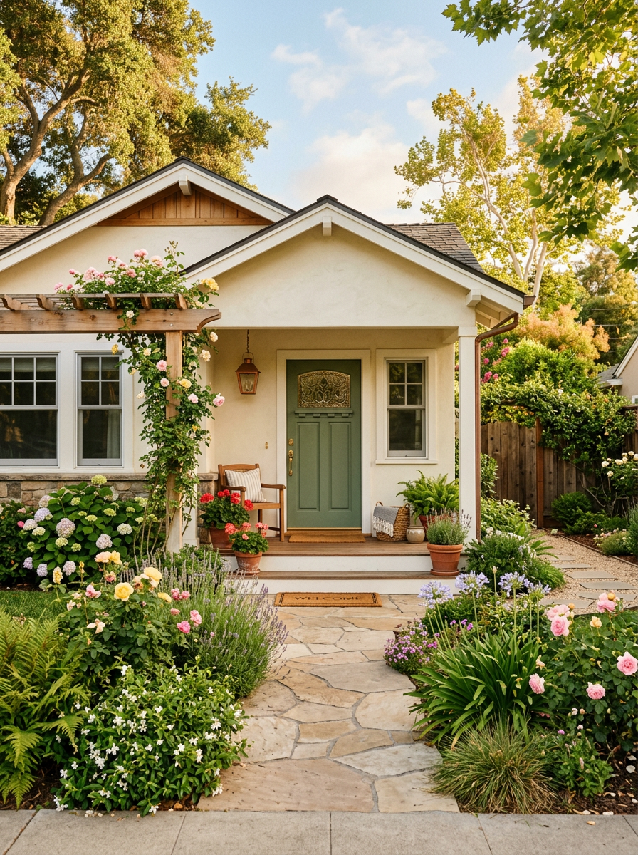 A welcoming home with a green front door and blooming garden